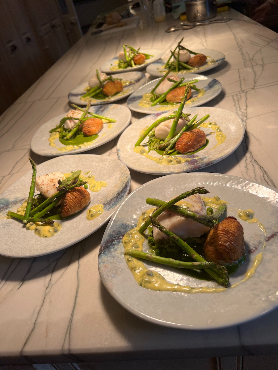 Cod, peas & asparagus, warm tartare sauce