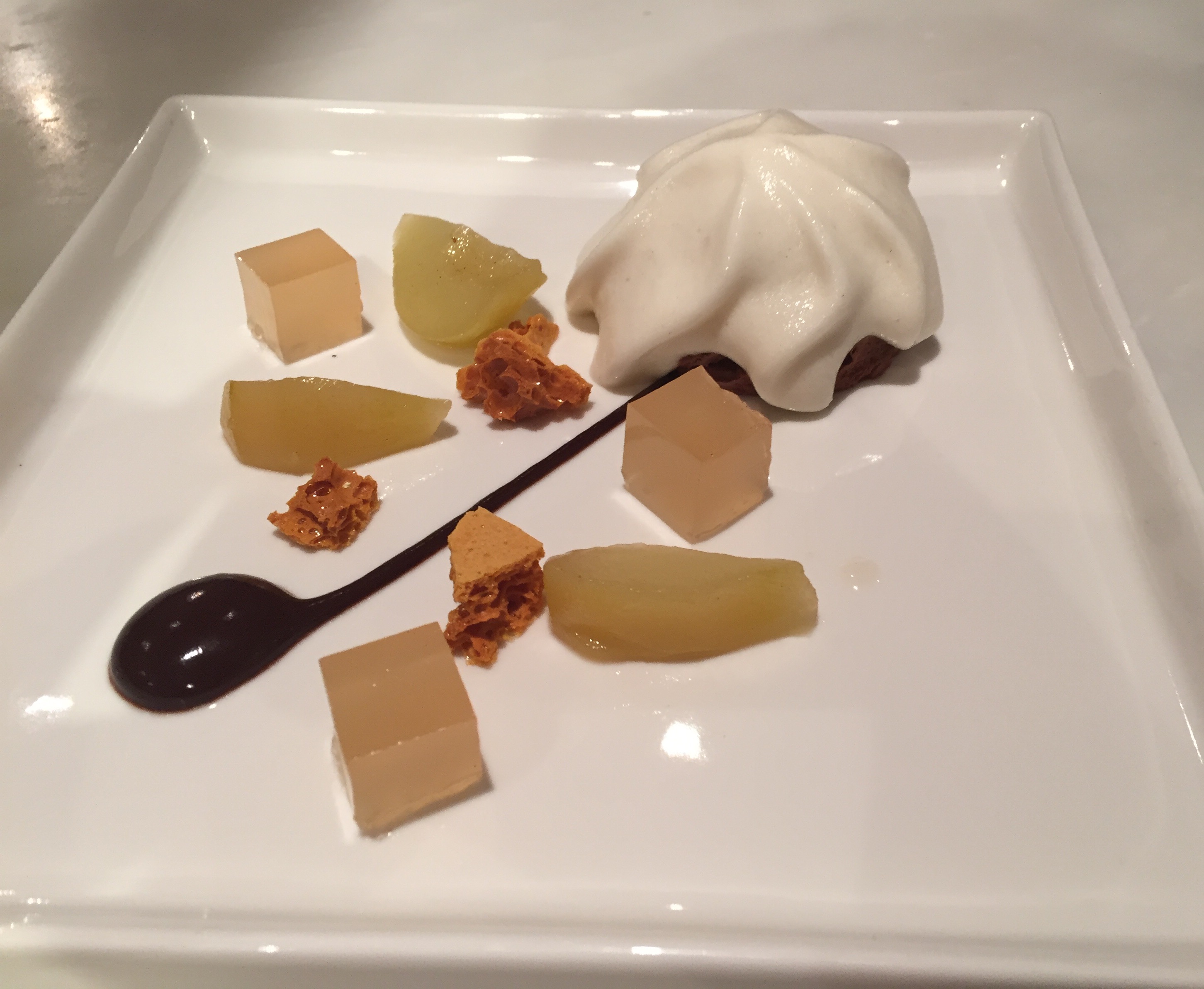 Frozen chocolate mousse, pears, pear espuma