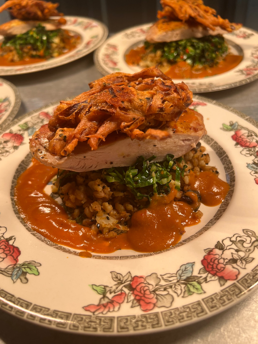 Guinea fowl, pilaf, coconut masala, shallot Bhakti