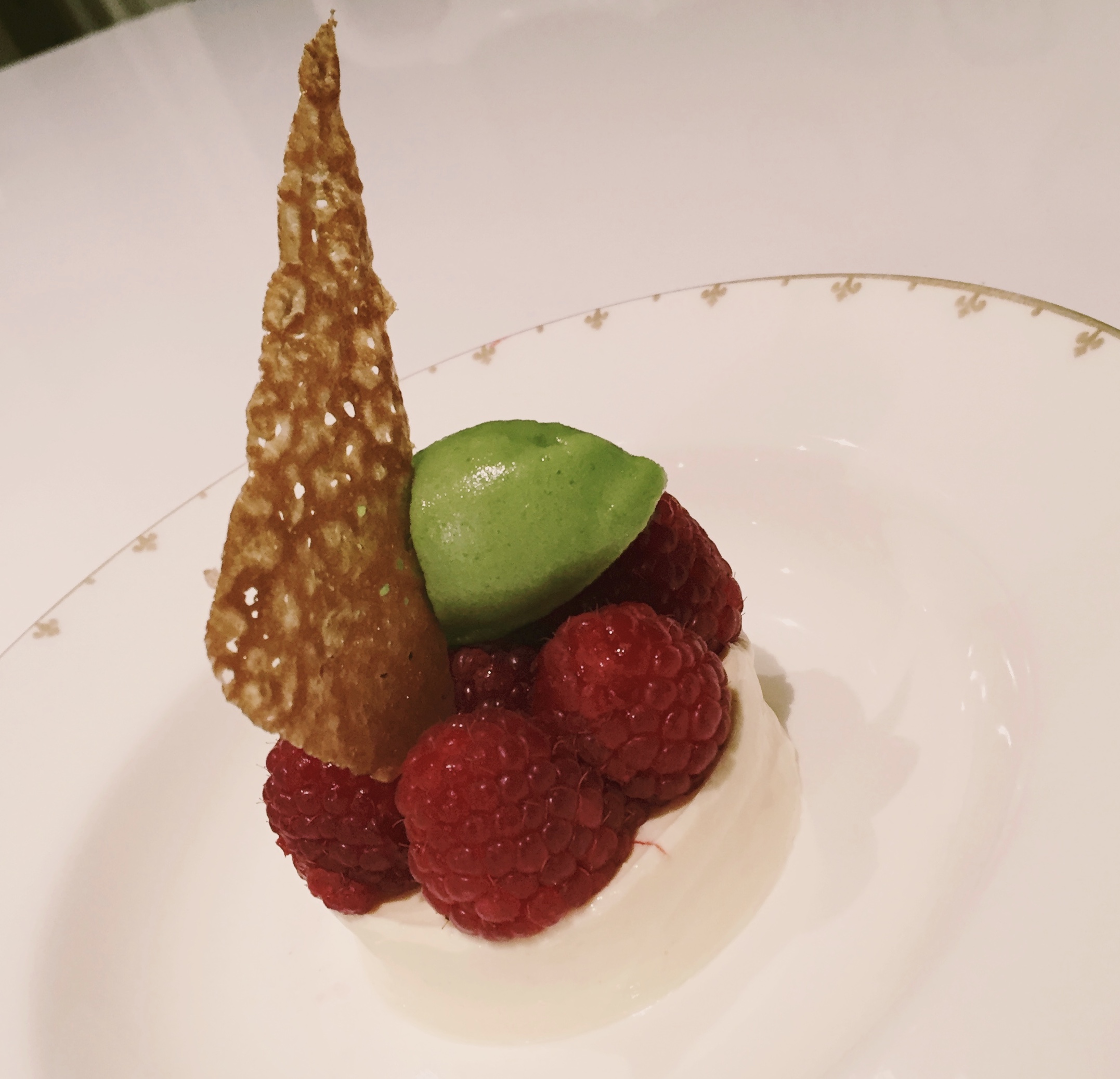 Lemon posset, basil sorbet & raspberry