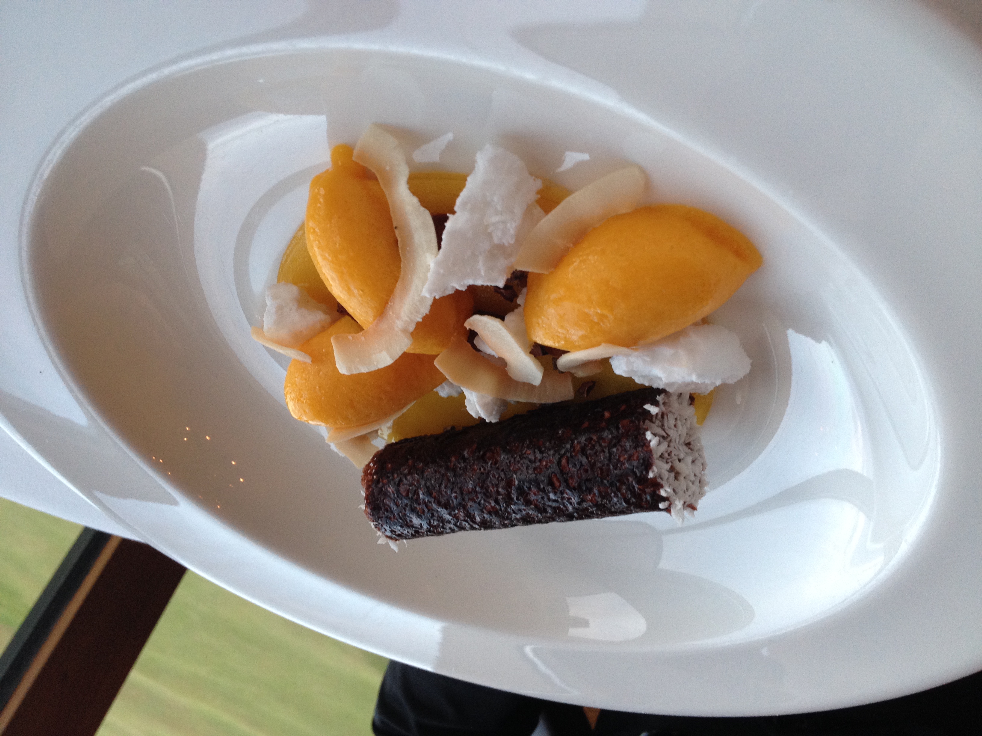 Mango, coconut, chocolate mousse