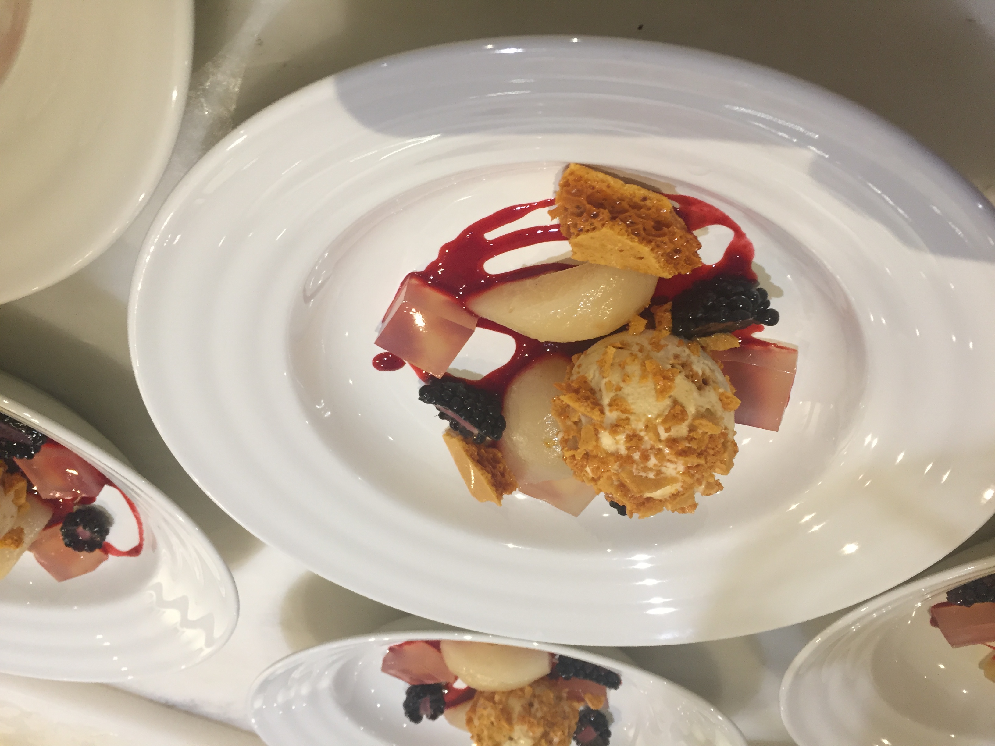 Pears, honey parfait, blackberry & honeycomb