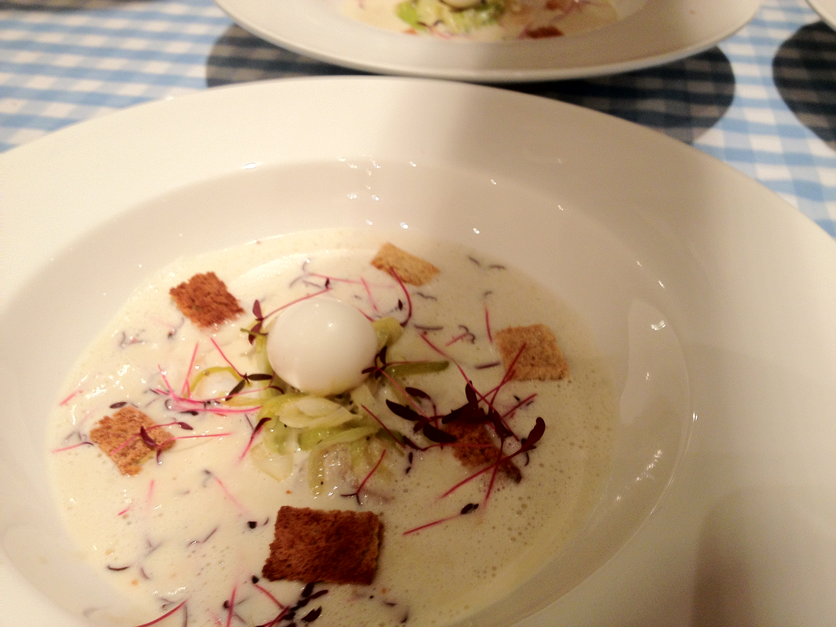 Smoked haddock chowder, quails egg, croutons