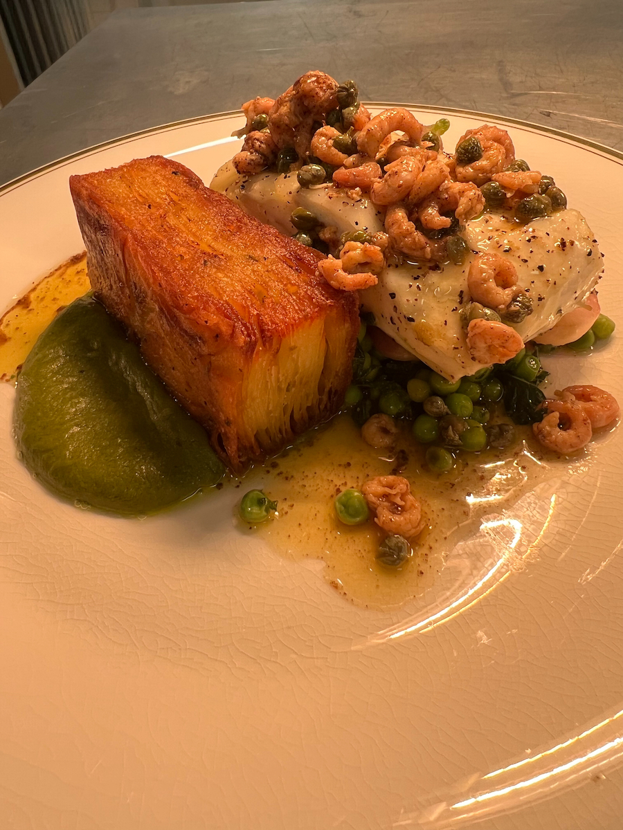 Turbot, brown shrimp butter, peas, pommes anna